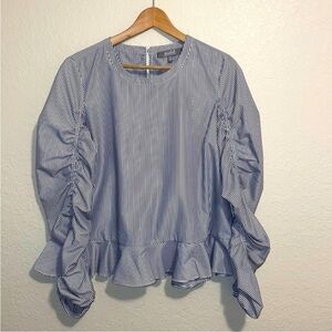 Marled Blue and White Striped Ruffle Hem Blouse